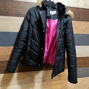 Krush Girls Hooded Puffer With Faux Fur Trim Full Zip Black Coat/Jacket Size L